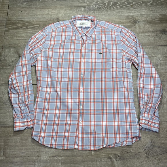 Lacoste Shirt Mens Extra Large XL Plaid Button Down Long Sleeve Custom Fit Blue - Picture 1 of 10
